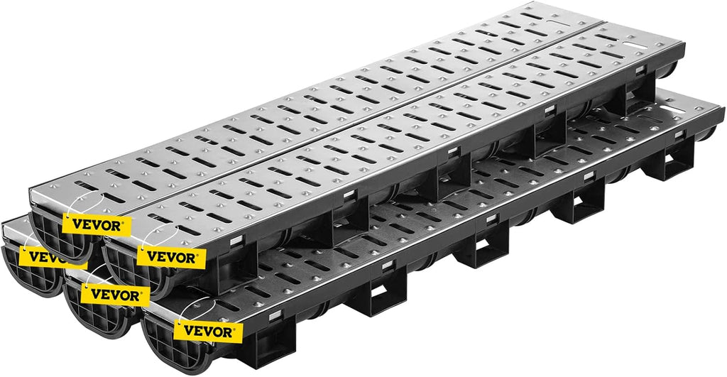 VEVOR Trench Drain System 5 Pack, Channel Drain with Metal Grate 5.7 x 3.1 in HDPE Drainage Trench, Black Plastic Garage Floor Waterway 5 x 39 in with 5 End Caps for Garden Driveway