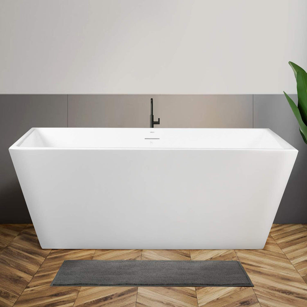 FerdY Palawan 59' Acrylic Freestanding Bathtub, Rectangle Contemporary Design Freestanding Soaking Bathtub, cUPC Certified, Brushed Nickel Drain and Minimalist Linear Design Overflow Included