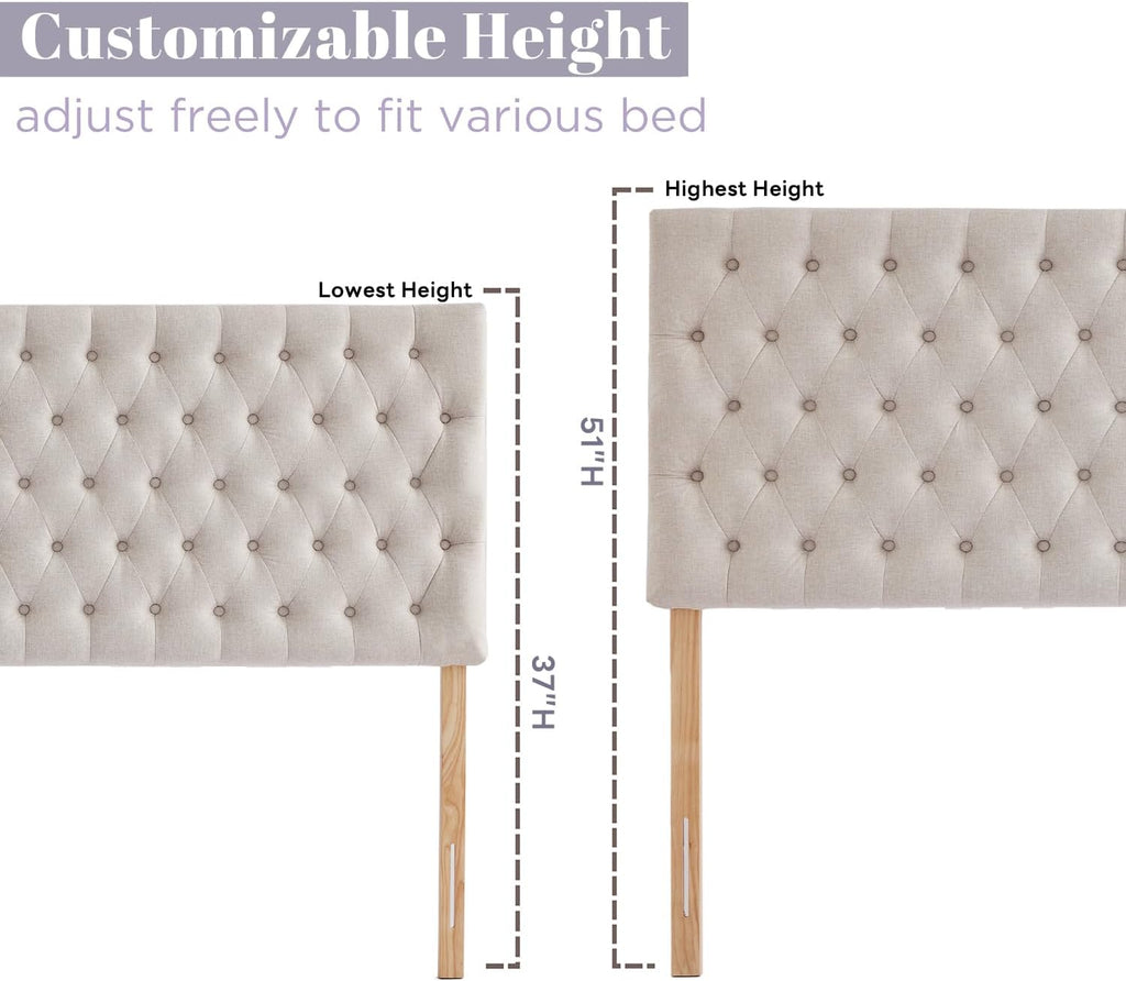 Kingfun Upholstered Queen Headboard Only, Premium Linen Button Tufted Headboards, Adjustable Solid Wood Head Board, Padded Headboard with Solid Wood Legs in Bedroom (Beige)