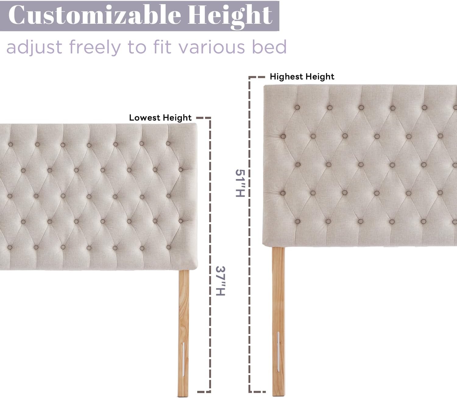 Kingfun Upholstered Queen Headboard Only, Premium Linen Button Tufted Headboards, Adjustable Solid Wood Head Board, Padded Headboard with Solid Wood Legs in Bedroom (Beige)