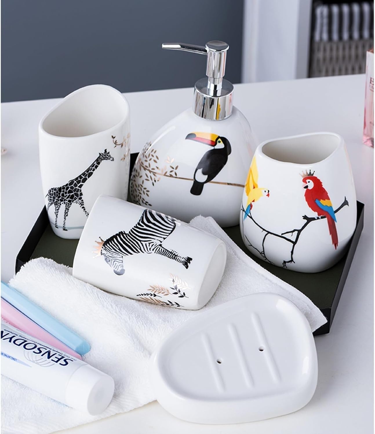 Bathroom Accessories Set Soap Dispenser Set White Bathroom Accessory Sets with Toothbrush Cup Dish Holder for Apartment Dormitory Victorian Decor(Animal)