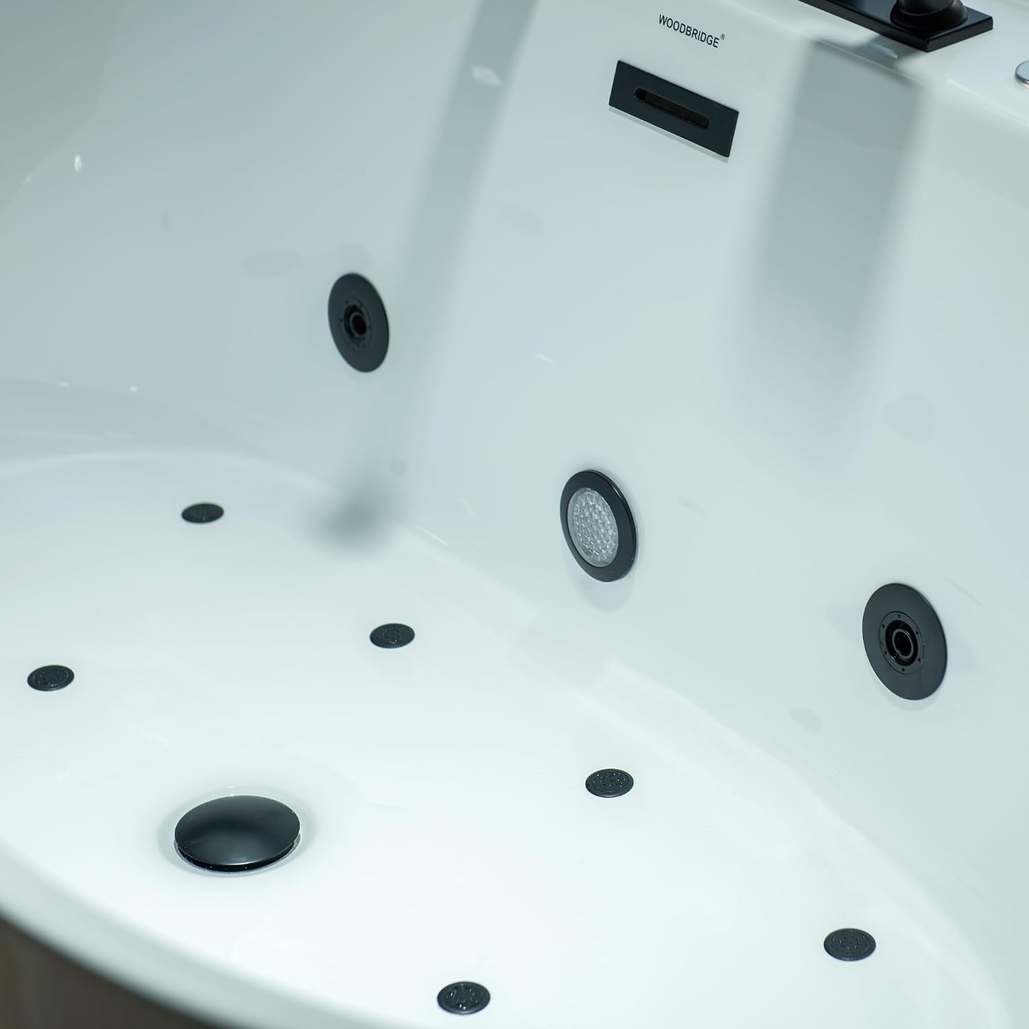 WOODBRIDGE 72' x 35-3/8' Whirlpool and Air Bath Heated Soaking Combination Tub with Adjustable Speed Air Blower, Tub Filler, and LED control panel, Matte Black Finish Trim and Drain Kit, BM500+F0051MB