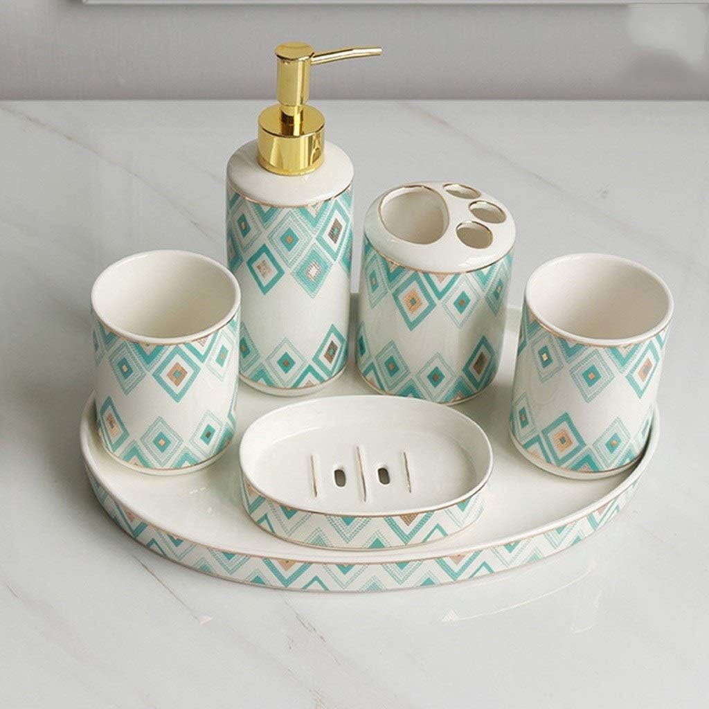 Lotion Dispenser 6-Piece Ceramic Bathroom Accessories Set Soap Dispenser Toothbrush Holder Mug Soap Dish and Utility Tray Household Items Gift Liquid Dispenser Soap Bottle (Color : Blue) (Blue )