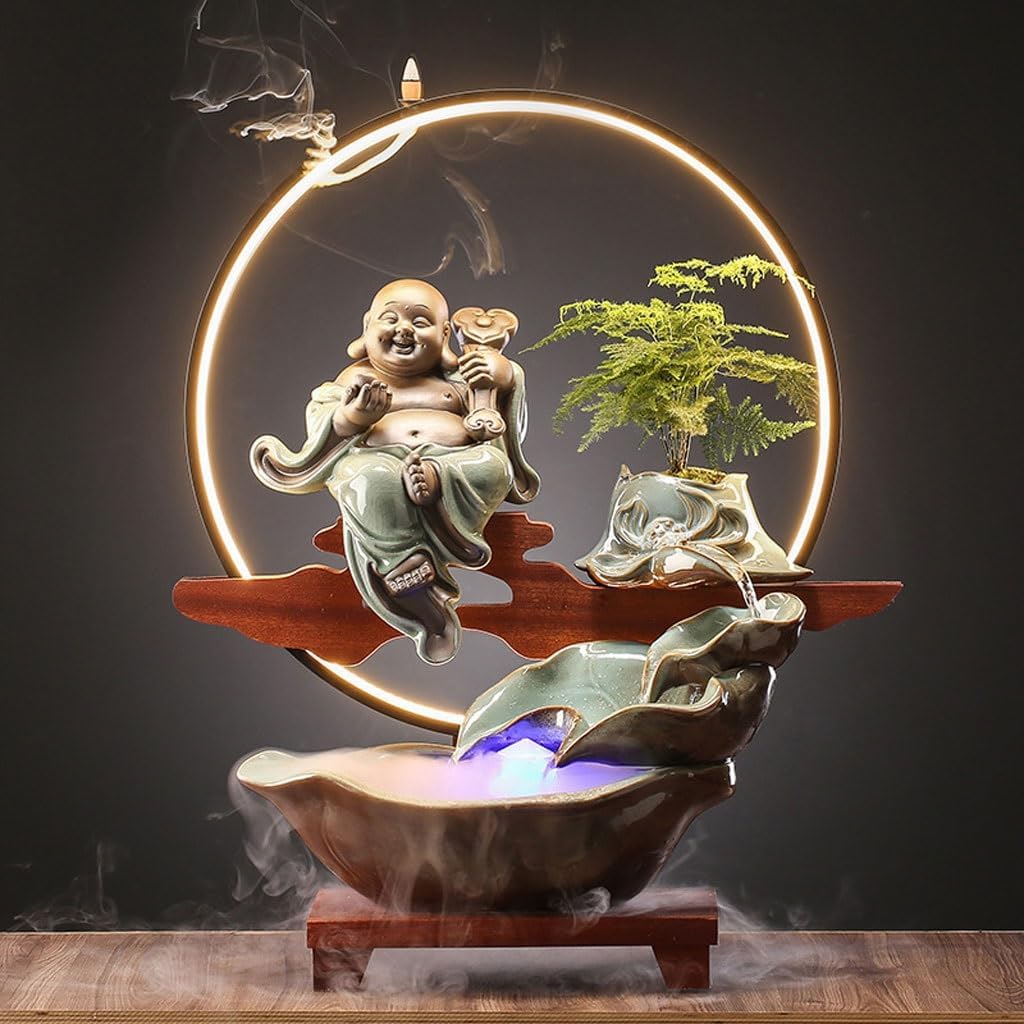 GUERNSEY Tabletop Fountain Tabletop Fountains Chinese-Style Maitreya Buddha Water Fountain Ornaments Office Living Room Decoration Ornaments Indoor Creative Ornaments Indoor Fountain