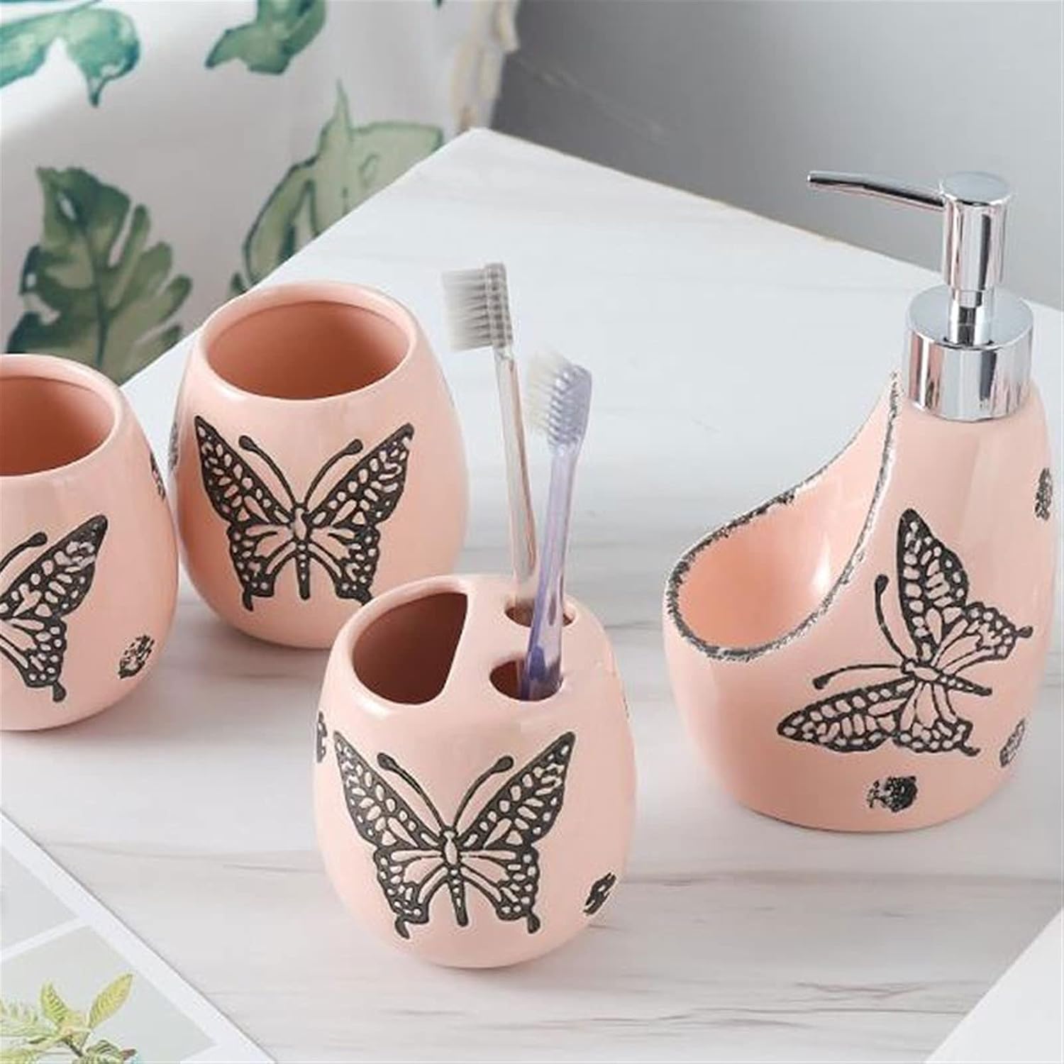 Soap Dispenser/Dispenser for Handwashing Fluid Bathroom Accessories Set 6 Pieces Includes Soap Dispenser Toothbrush Holder Tumbler Soap Dish and Tray,(Pink)