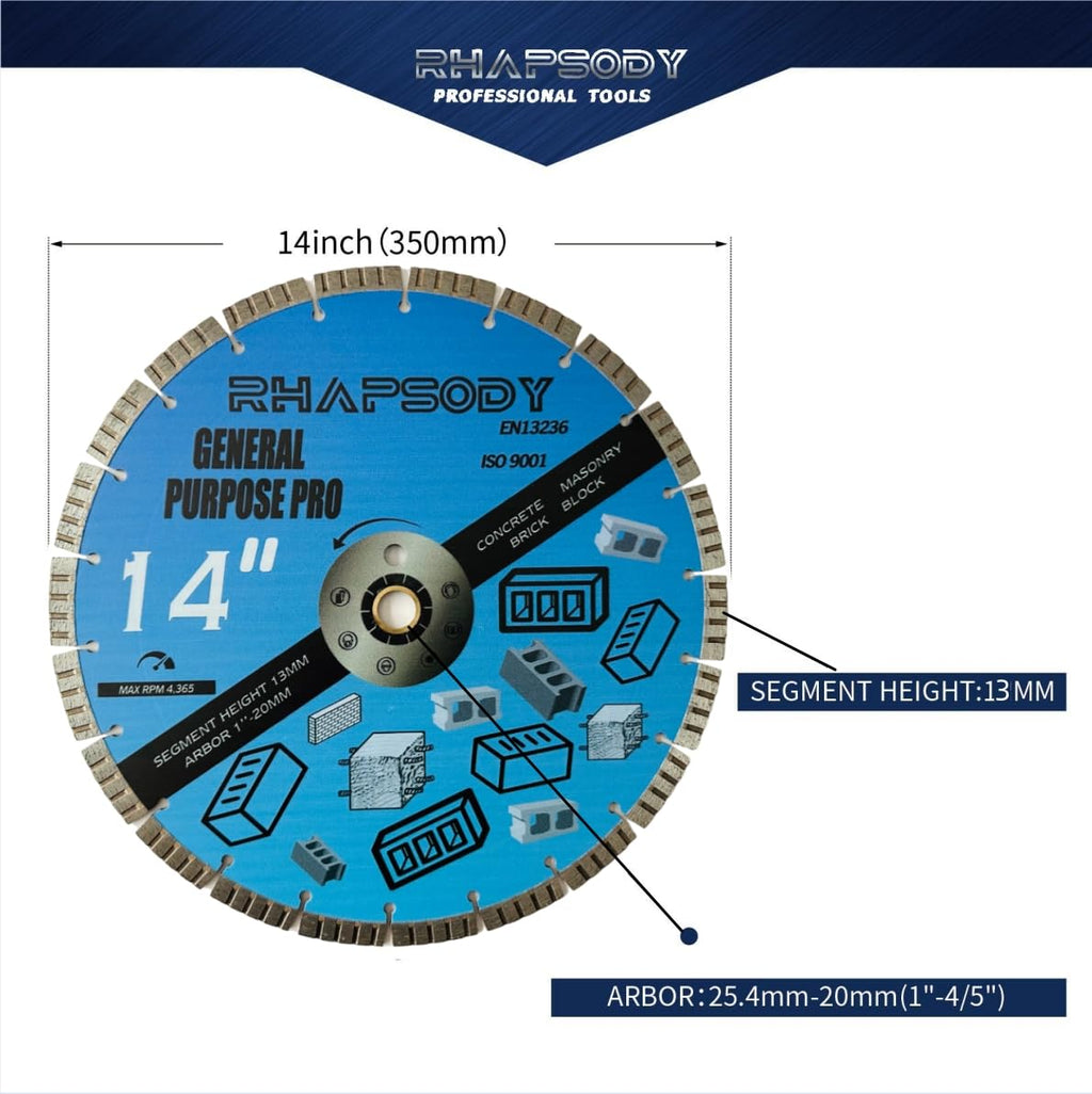 RHAPSODY 14 Inch Diamond Concrete Saw Blade 5pcs, Turbo Segmented General Purpose Blade Dry/Wet Cutting Concrete, Reinforced Concrete, Masonry, Brick, Block,1'-20mm Arbor