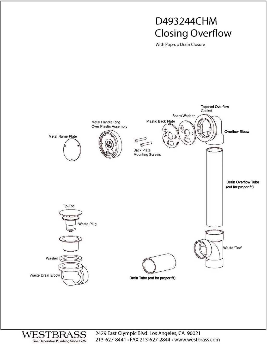 Westbrass D493244CHM-12-50 Bath Waste & Overflow Assembly with Patented Deep Soak Faceplate Cover and Tip-Toe Drain Plug - SCH. 40 PVC, Powder Coat White (12-Pack)