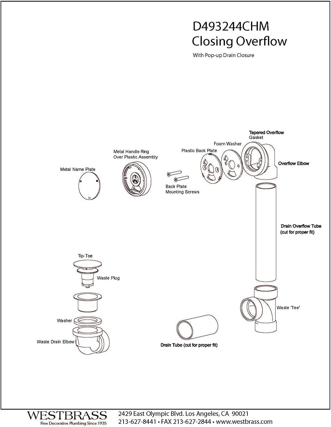 Westbrass D493244CHM-4-26 Bath Waste & Overflow Assembly with Patented Deep Soak Faceplate Cover and Tip-Toe Drain Plug - SCH. 40 PVC, Polished Chrome (4-Pack)