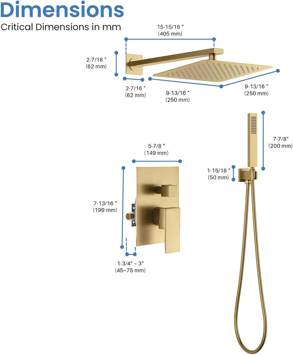KIBI Cube Bathroom Shower System | 2-Function Wall Mounted Shower Faucet Set with Solid Brass Pressure Balanced Valve | Three Hand Shower Modes | 15-inch Long Shower Arm | Brushed Brass (KSF405)