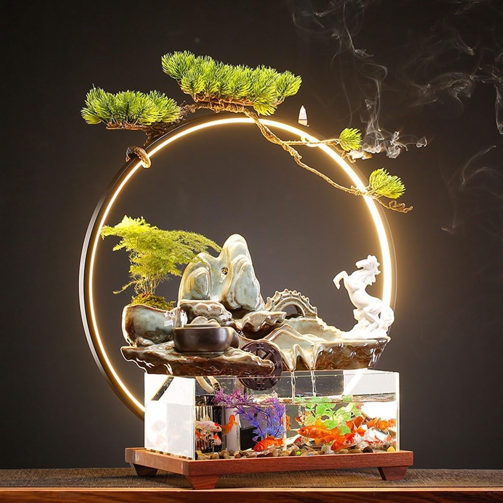 GUERNSEY Tabletop Fountain Chinese Style Mountain Flowing Water Desktop Ornaments Creative Indoor Fish Tank Circulating Water Table Fountain Indoor Waterfall Feature Indoor Fountain