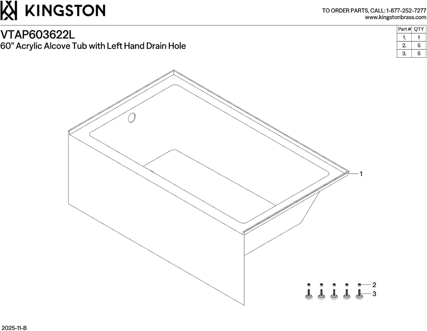 Kingston Brass Aqua Eden VTAP603622L 60-Inch Acrylic Alcove Tub with Left Hand Drain, White