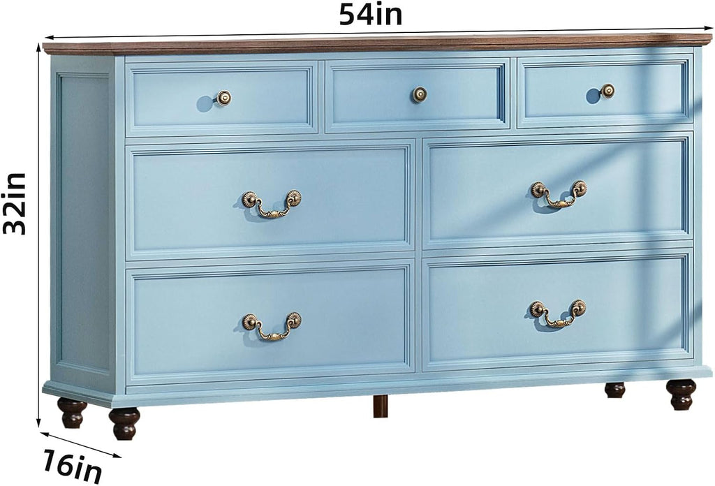 Joaxswe Farmhouse Furniture Set, Nightstands Set of 2 and 7 Drawers Dresser for Bedroom, 54 Inch Wide Wood Dresser and 24' Night Stands with Charging Station for Bedroom, Living Room, Hallway