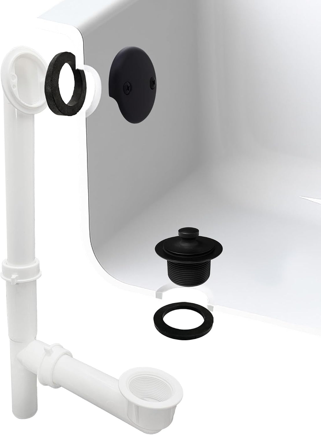Westbrass 597244-4-62 14' White Poly Tubular Bath Waste & Overflow Assembly with 2-Hole Faceplate and Pull To Close Drain Plug, Matte Black (4-Pack)