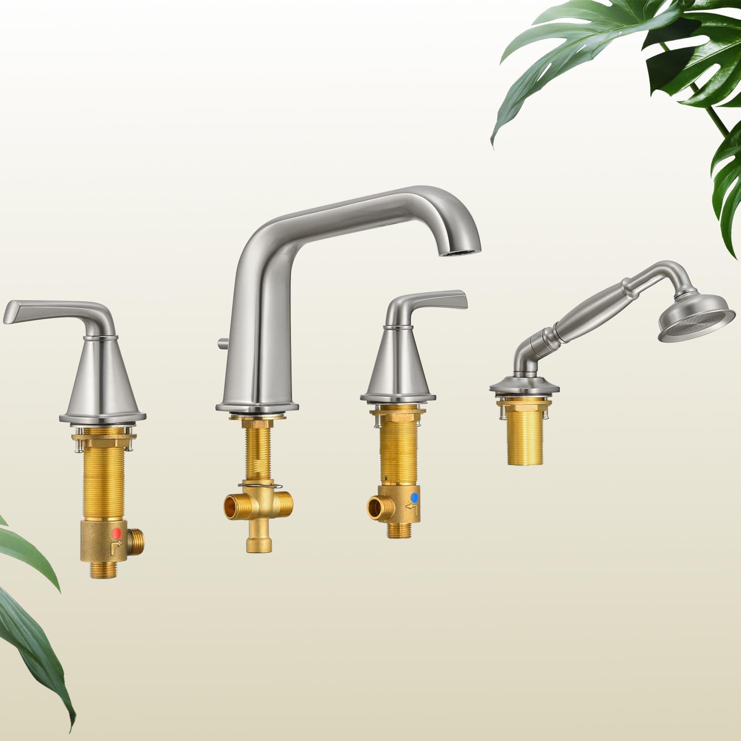 Roman Bathtub Faucet with Sprayer, Qinkell Tub Faucet Set with Valve, 4 Hole Deck Mount Tub Faucets, 2 Handle High Flow Tub Filler with Hand Shower and Supply Lines Brushed Nickel