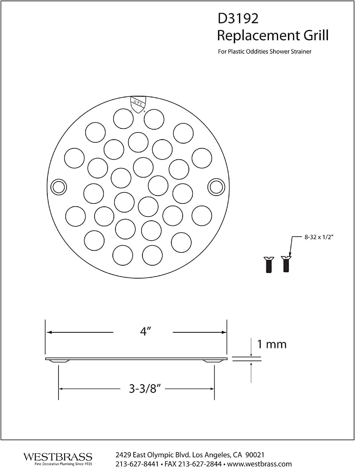 Westbrass D3193-25-62 4-1/4' OD Brass Shower Strainer Grid Drain Cover, 25-Pack, Matte Black