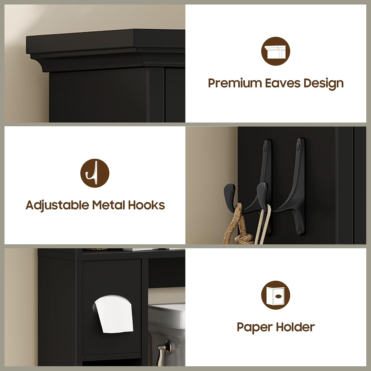 Over The Toilet Storage Cabinet, Bathroom Shelf Over Toilet with Hammered Grain Glass Doors and Adjustable Shelves, Freestanding Home Space Save Toilet Rack for Restroom, Bathroom, Laundry (Black)