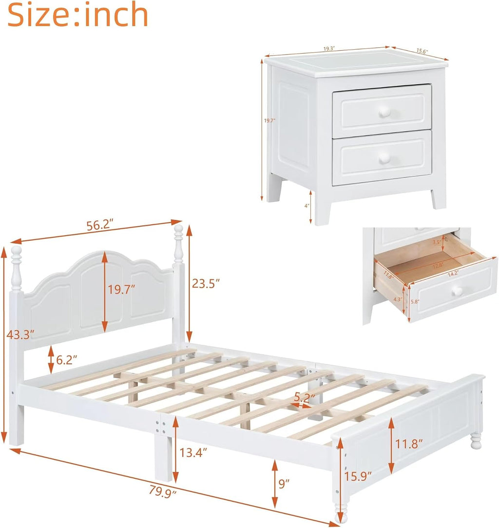 3-Pieces Bedroom Sets, Retro Style Full Size Platform Bed with Wooden Slat Support and Headboard, Wooden Bedroom Furniture Set with 2 Nightstands for Kids Teens Adults Bedroom (White + Wood 078)