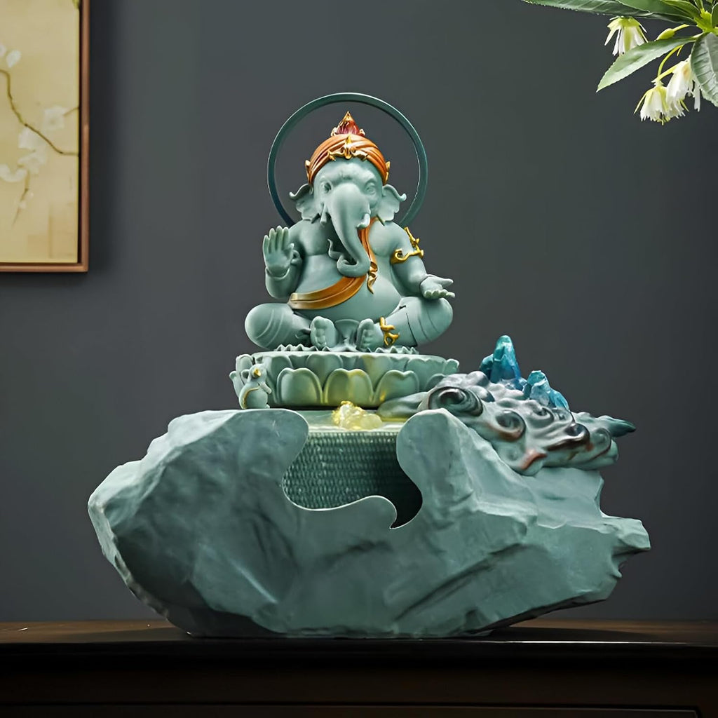 Zen Buddha Tabletop Fountain with LED Lights & Crystal Accents – Indoor Meditation Waterfall Feature with Cascading Water for Home, Office, Living Room or Bedroom – Free 10 Free Crystals (Style 5)