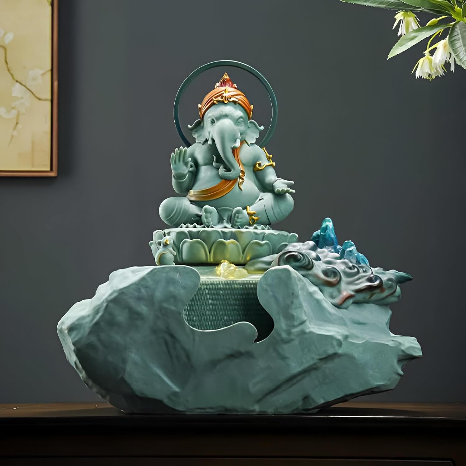 Zen Buddha Tabletop Fountain with LED Lights & Crystal Accents – Indoor Meditation Waterfall Feature with Cascading Water for Home, Office, Living Room or Bedroom – Free 10 Free Crystals (Style 5)