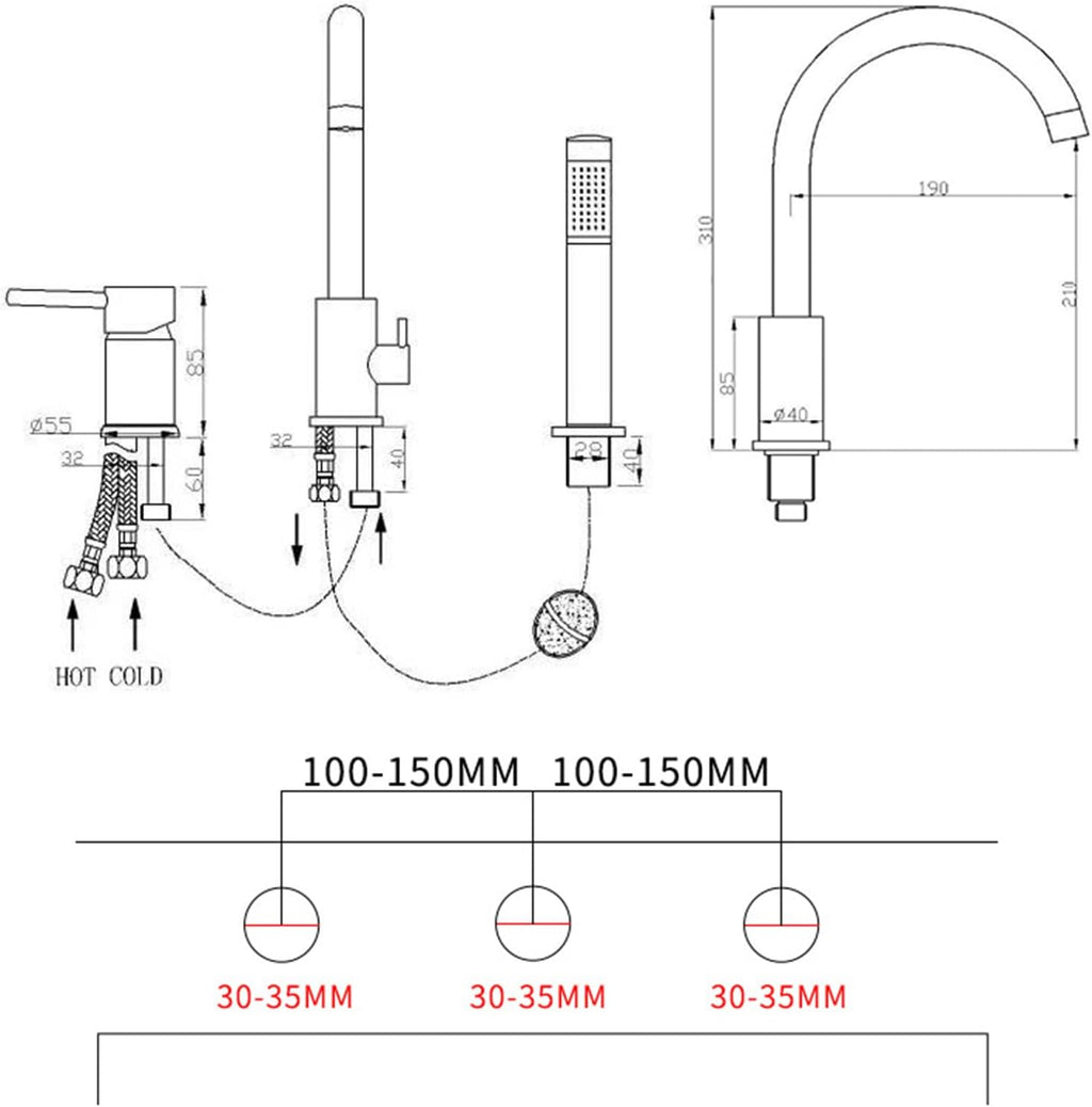 Bath Mixer Tap with Shower Attachment, 3-Hole Bathtub Tap Shower Head and Hose Set for Bath Taps Brushed Gold,A