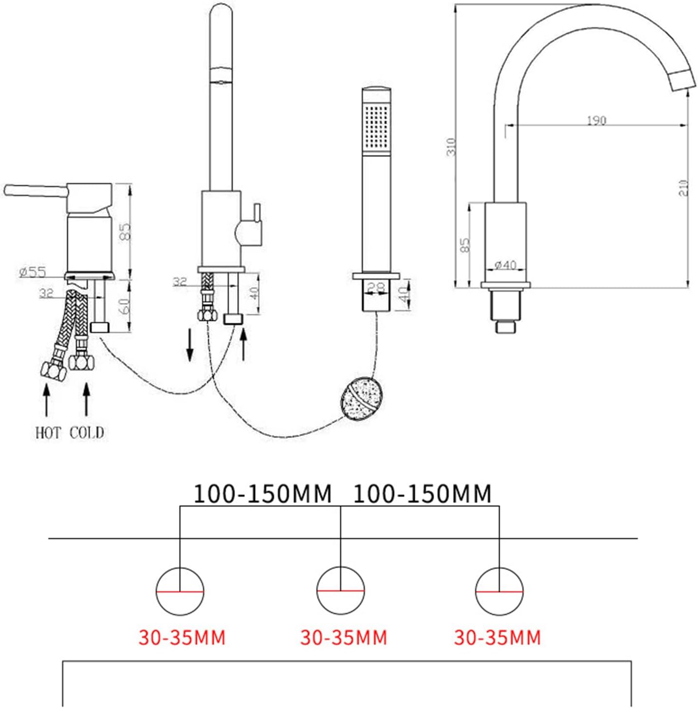 Bath Mixer Tap with Shower Attachment, 3-Hole Bathtub Tap Shower Head and Hose Set for Bath Taps Brushed Gold,A