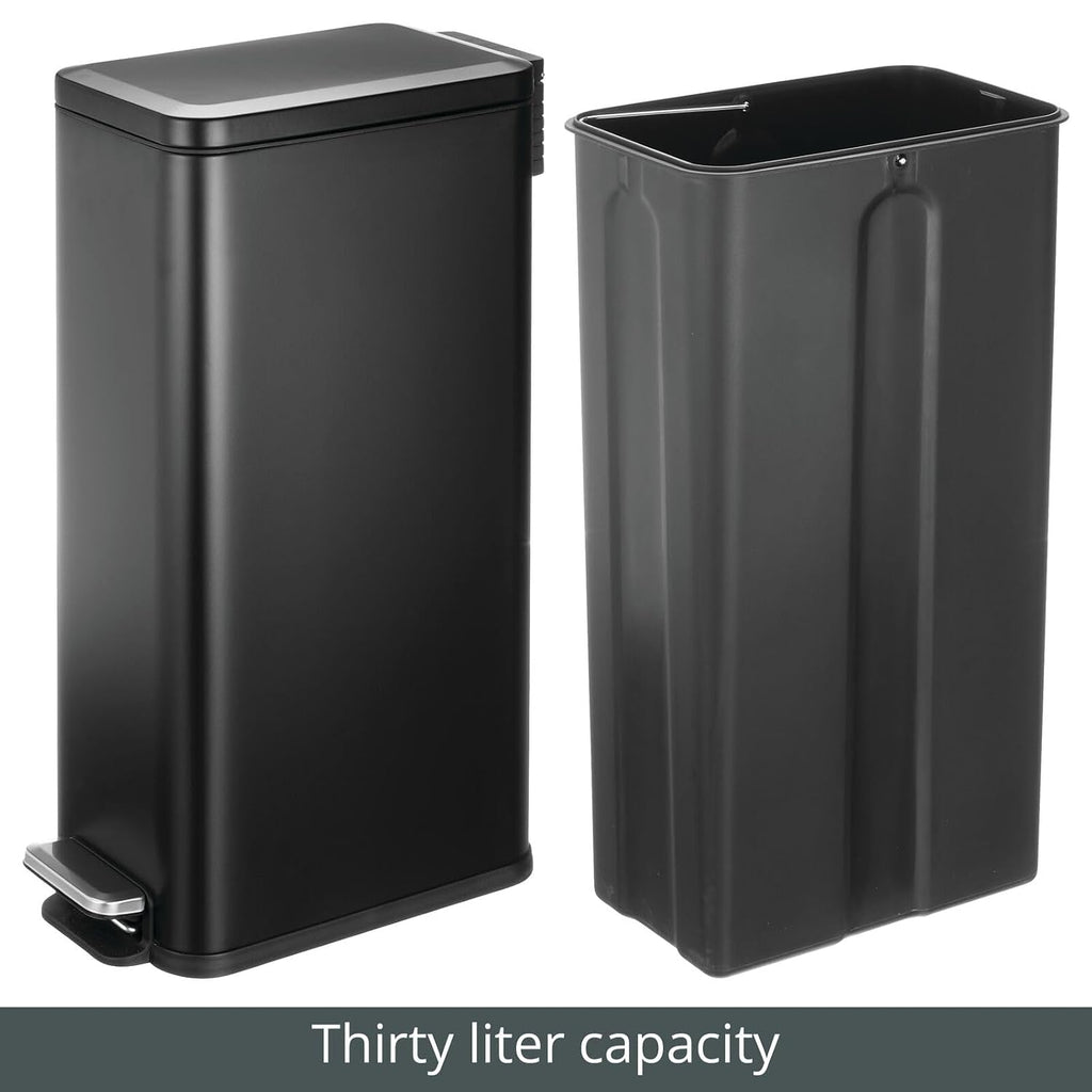 mDesign Slim Metal Rectangle 7.9 Gallon Trash Can with Step Pedal, Easy-Close Lid, Removable Liner - Narrow Wastebasket Garbage Container Bin for Bathroom, Bedroom, Kitchen, Office - Black