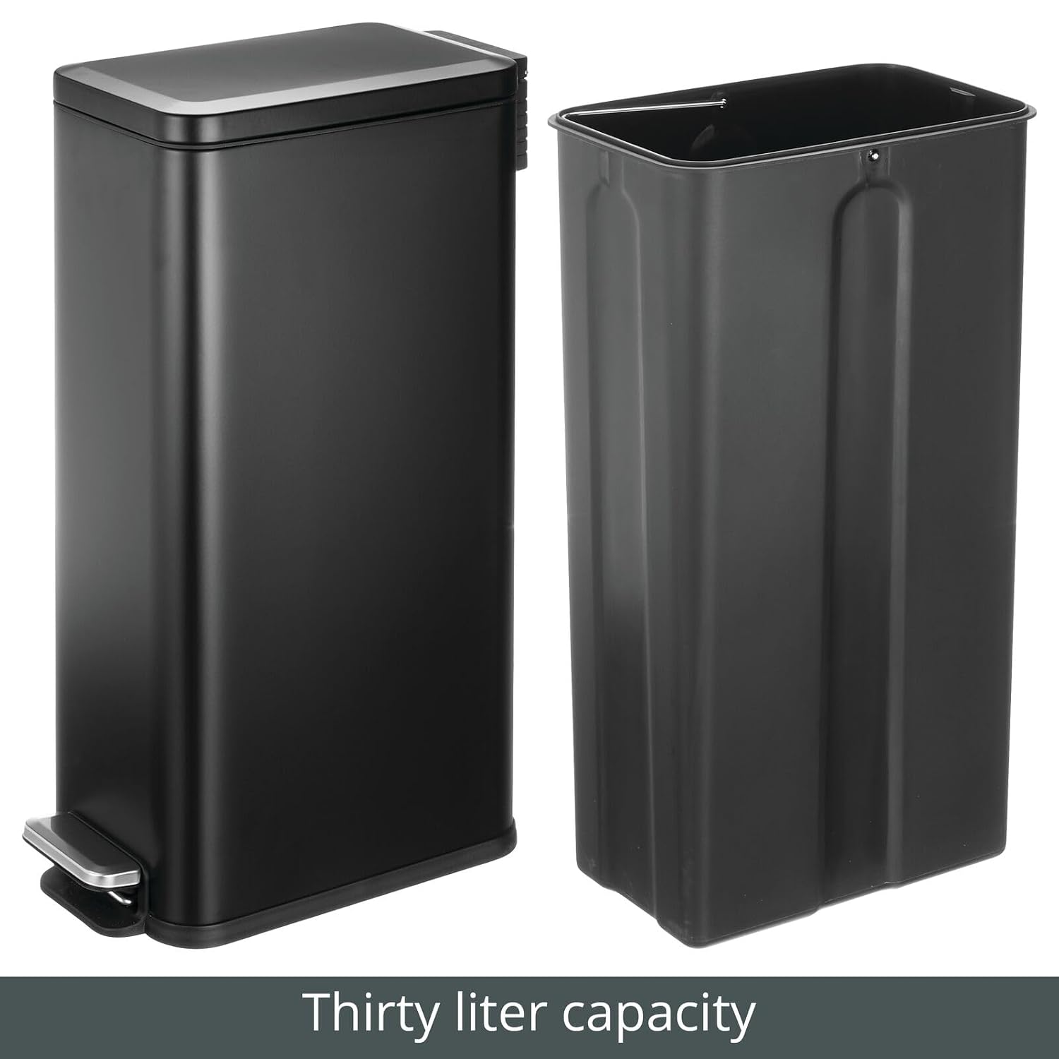 mDesign Slim Metal Rectangle 7.9 Gallon Trash Can with Step Pedal, Easy-Close Lid, Removable Liner - Narrow Wastebasket Garbage Container Bin for Bathroom, Bedroom, Kitchen, Office - Black
