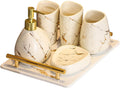 6 Piece Bathroom Soap Dispenser and Toothbrush Holder Set, Ceramic Soap Dispenser, Vanity Countertop Accessory Toothbrush Holder Set with Marble Look -Beige
