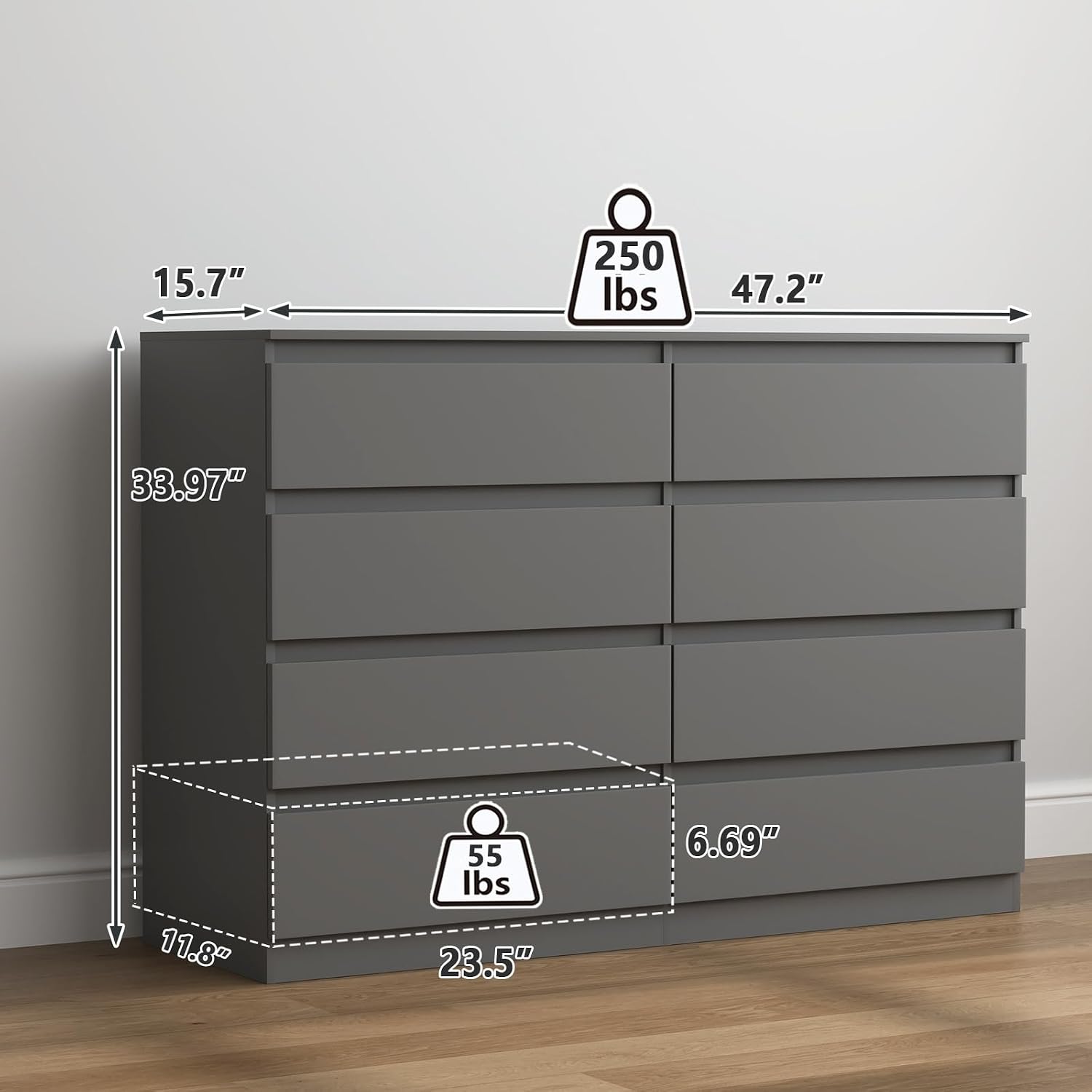 Vibe & Dine 8 Drawer Double Dresser, Modern Chest of Drawers with Wide Storage for Closet, Bedroom, Living Room, Grey