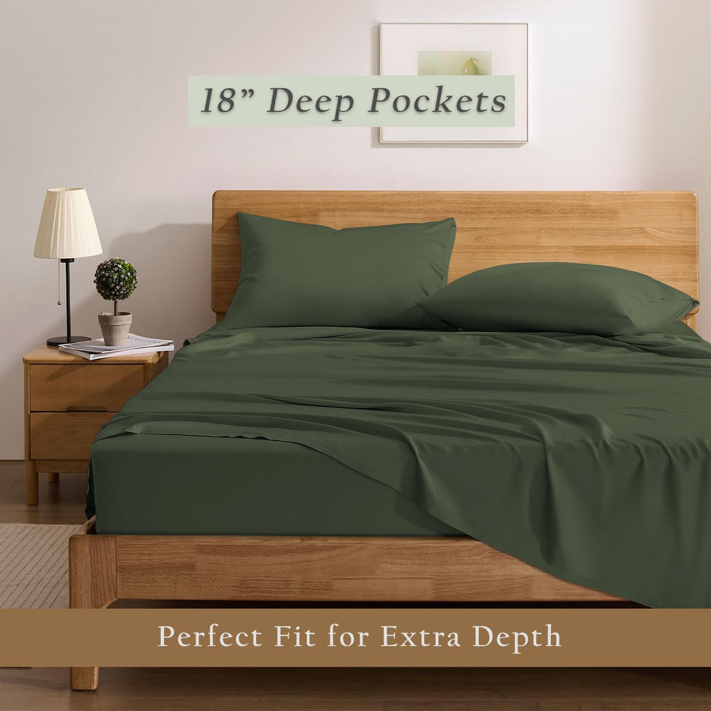 TOSMO Luxury Cooling Sheet Set | 100% Viscose from Organically Grown Bamboo | FSC® Certified | Queen Size | 18' Deep Pockets | Silky Soft Natural Bedding for Hot Sleeper [Olive]