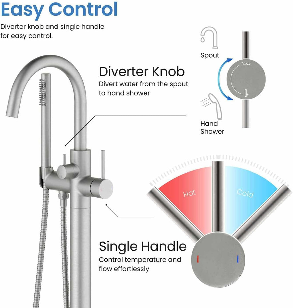 KIBI Circular Floor Mount Tub Filler with Hand Shower in Brushed Nickel, Solid Brass Single Handle Freestanding Bathtub Faucet with 360 Swivel Spout, Modern Bath Faucet for Tub and Shower (KTF301BN)
