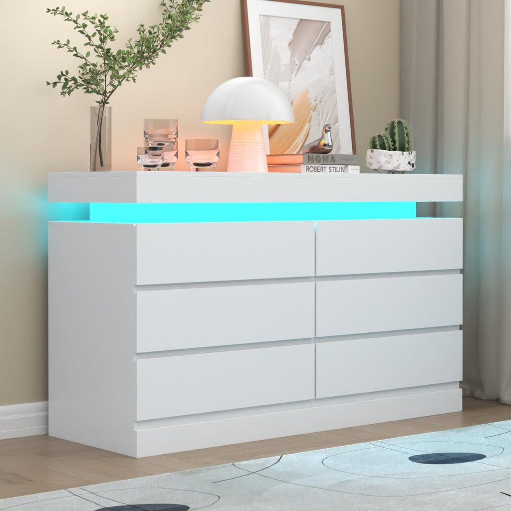 Gyfimoie 6 Drawer Dresser with Power Outlet, Dresser with LED Light, Modern Chest of Drawers for Closet, Double Wide Drawer Organizer Cabinet for Bedroom, Living Room (White, 6 Drawers)