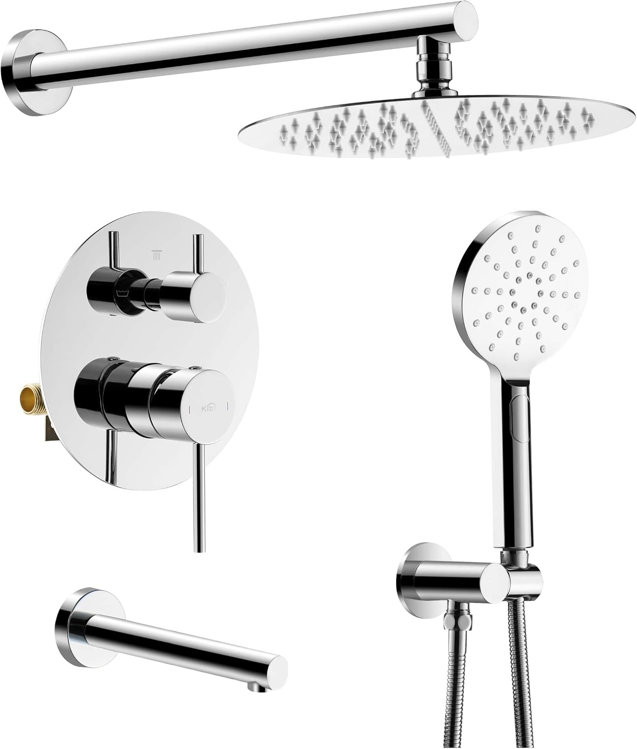 KIBI Circular Bathroom Shower System | 3-Function Wall Mounted Shower Faucet Set with Solid Brass Pressure Balanced Valve | Three Hand Shower Modes | 15-inch Long Shower Arm | Chrome Finish (KSF404)