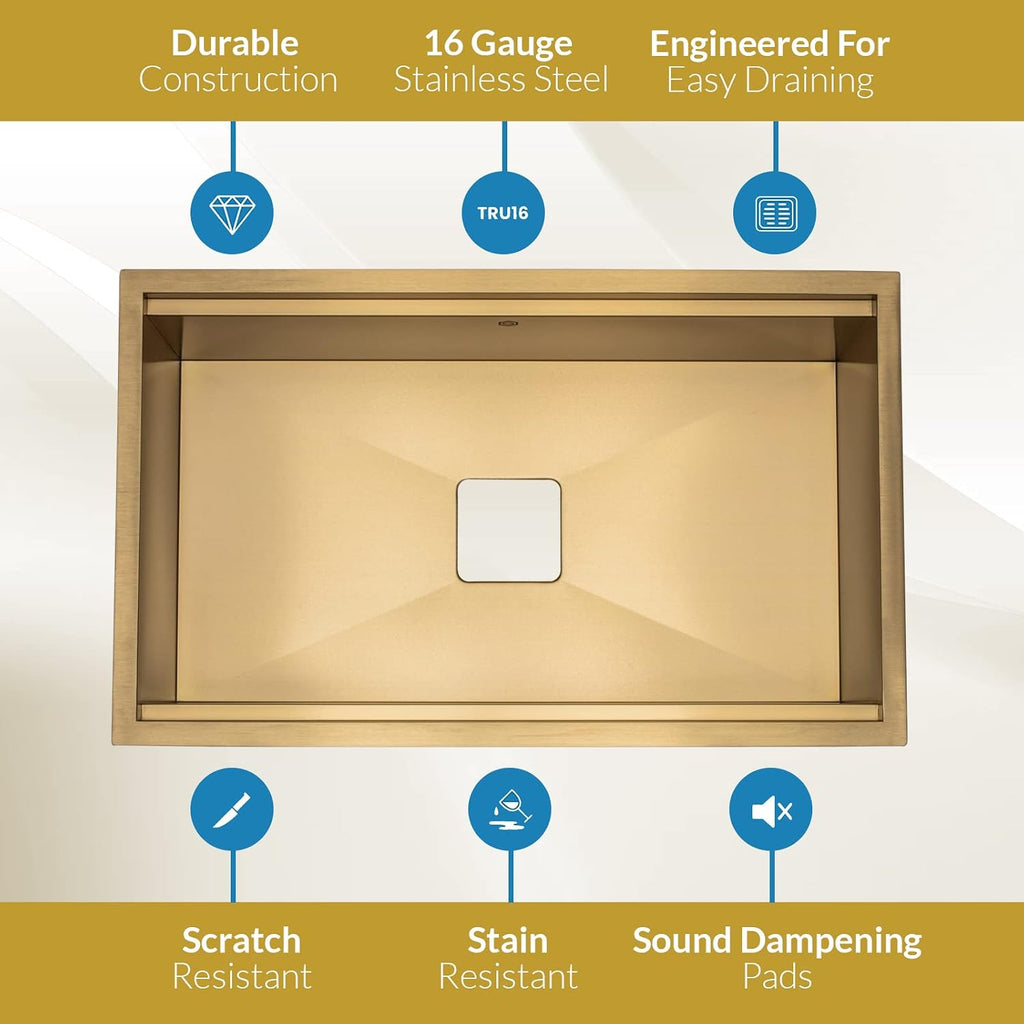 Strictly Sinks Undermount Workstation Gold Kitchen Sink –32 Inch 16 Gauge Single Bowl Kitchen Sink with Bottom Grid, Wooden Cutting Board, Colander, 1 Garbage Disposal Adapter, & 1 Strainer Drain