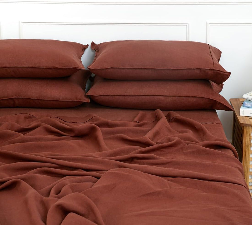 S VICTORY SYMBOL 100% Organic Linen Sheets Set Full Size-4 Pieces European Flax Linen Bed Sheets(1 Flat Sheet,1 Fitted Sheet,2 Pillowcases) GOTS Certified,Breathable Soft Durable-Burgundy