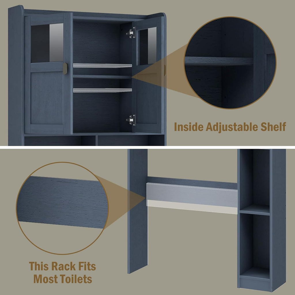 Vabches Over The Toilet Storage Cabinet, Bathroom Shelf Over Toilet with Glass Doors and Adjustable Shelves, Navy Blue Freestanding Home Space Save Toilet Rack, for Restroom, Bathroom, Laundry