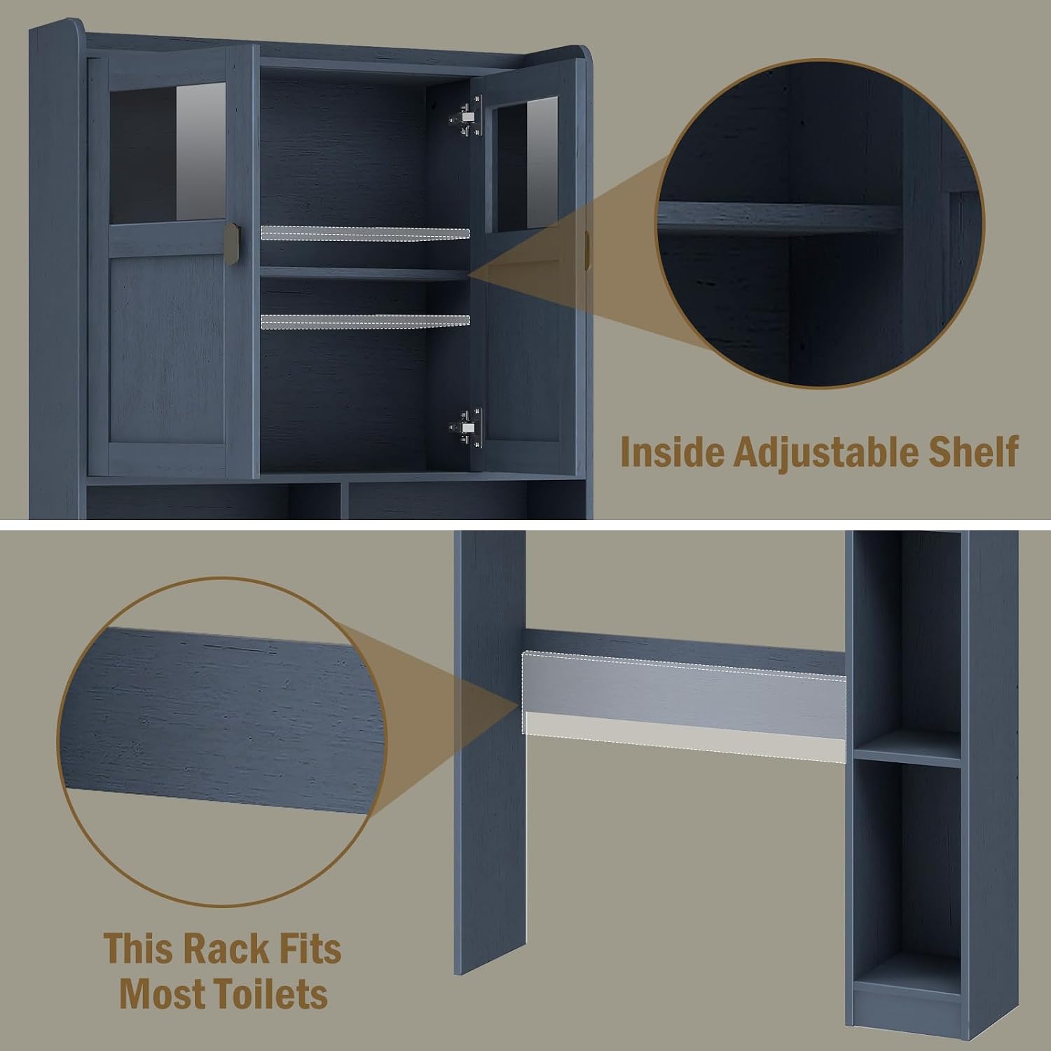 Vabches Over The Toilet Storage Cabinet, Bathroom Shelf Over Toilet with Glass Doors and Adjustable Shelves, Navy Blue Freestanding Home Space Save Toilet Rack, for Restroom, Bathroom, Laundry