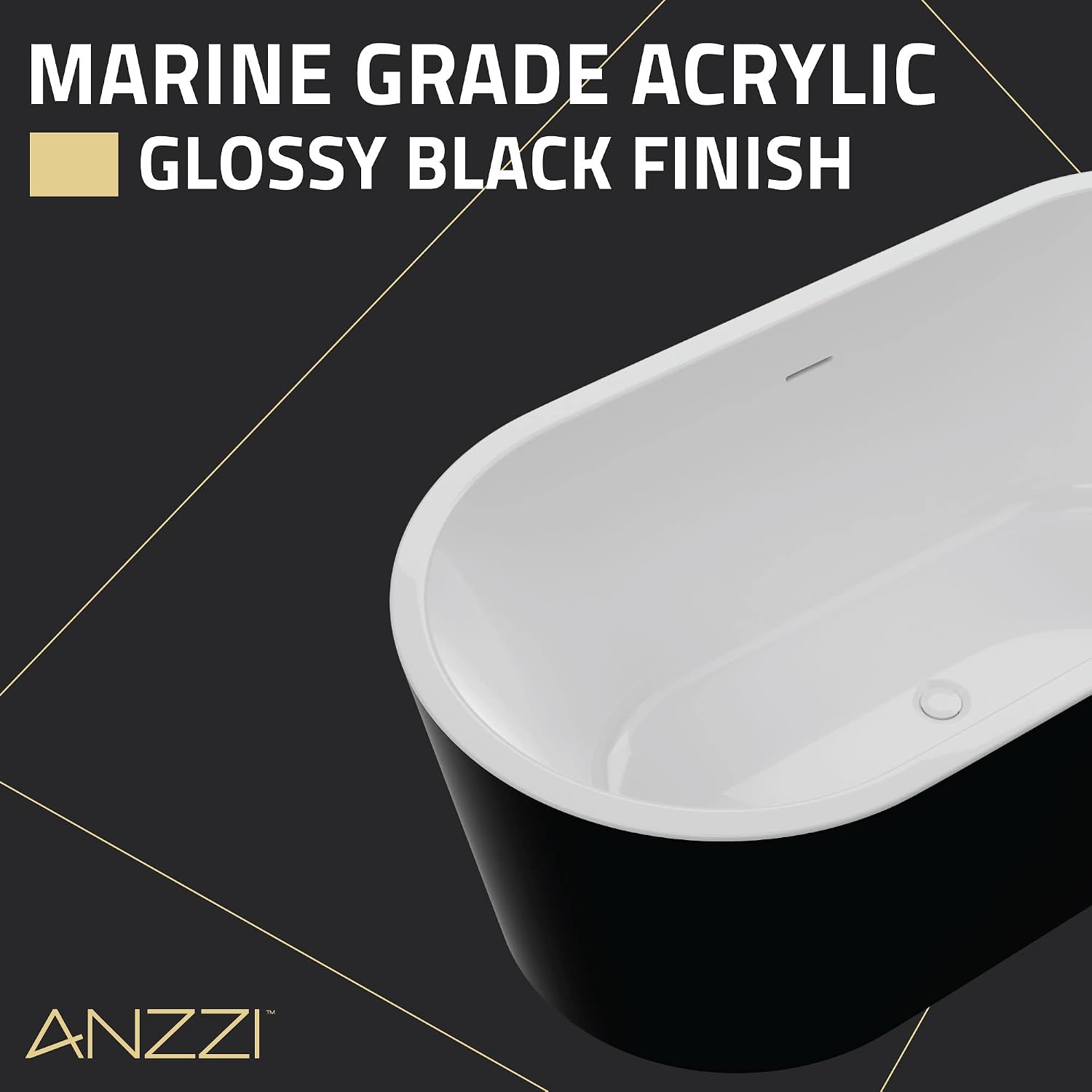 ANZZI 55 Inch Acrylic Freestanding Bathtub In Glossy White | Chand Pre-plumbed Solid Deep Soaker Tub With Built In Overflow And Drain | Soaking Stand Alone Tub 72 Gallons Capacity | FT-AZ098-55BK