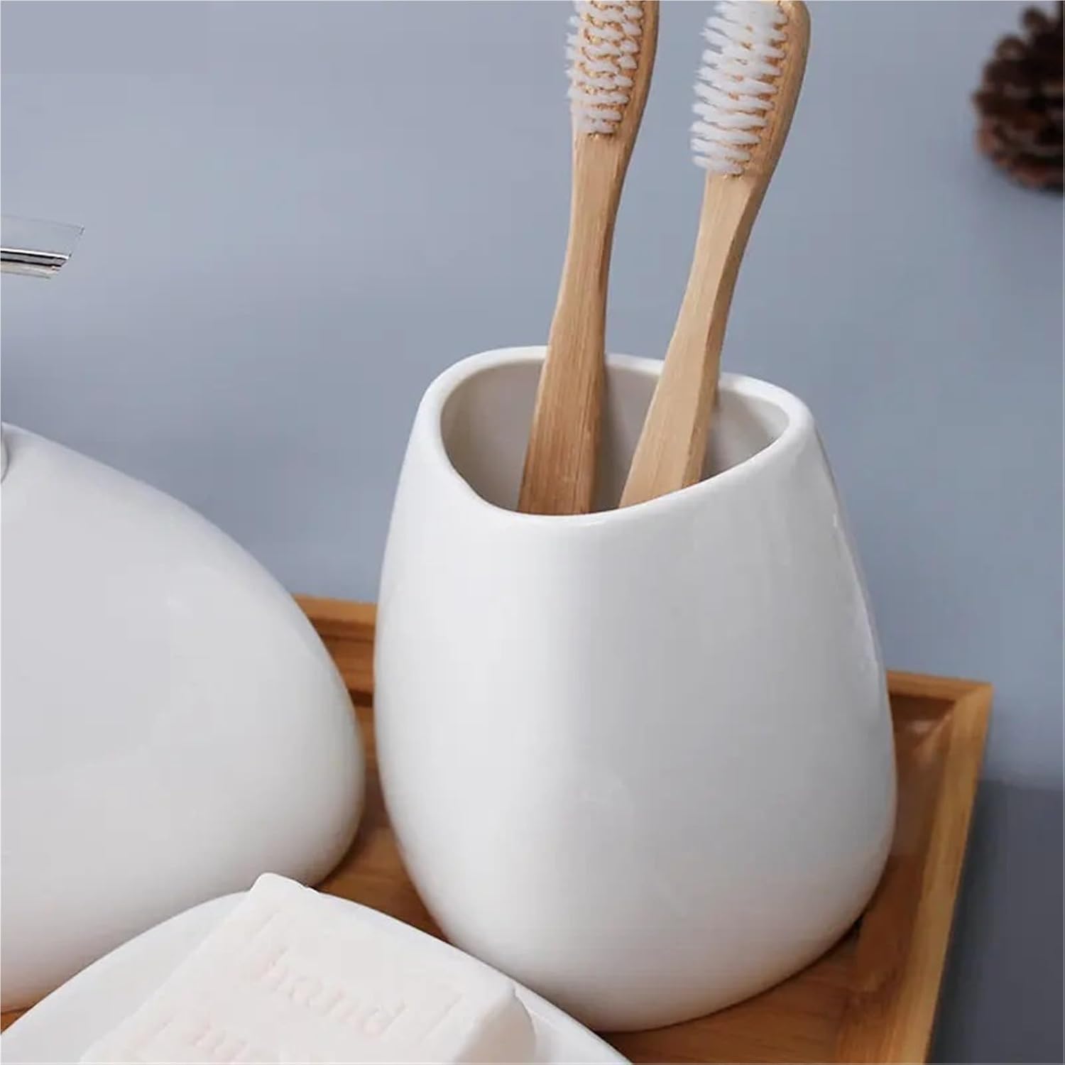 Bathroom Soap Dispenser Set Ceramic Bathroom Accessories Set Soap Dispenser Toothbrush Holder Toothbrush Cup Soap Box Tray Toilet Brush Bathroom Supplies(White)