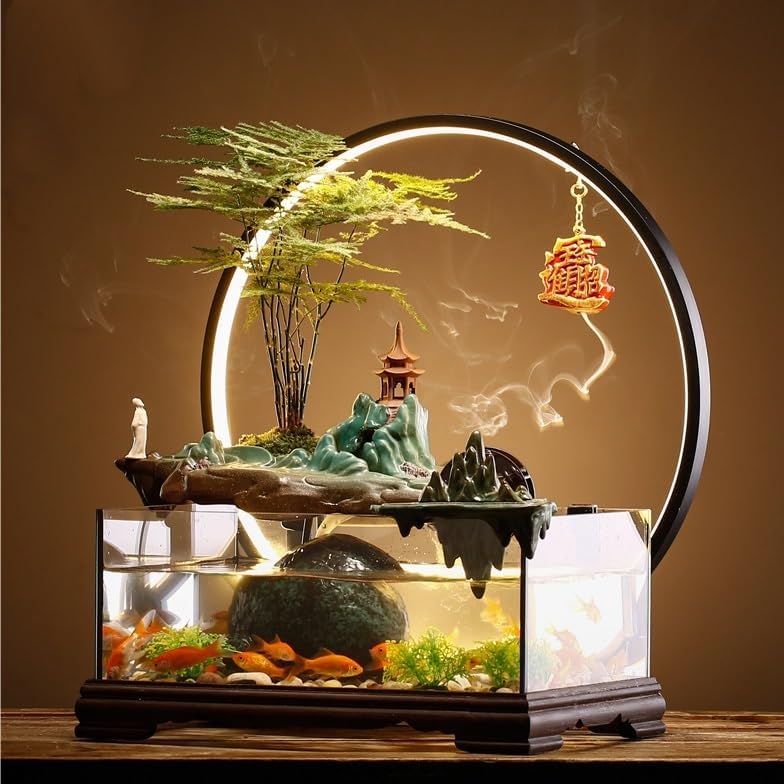 Tabletop Water Fountain Tabletop Fountain Fish Tank Flowing Water Ornaments Circulating Water Fountain Landscape Home Living Room Office Desktop Decoration Indoor Fountain(A)
