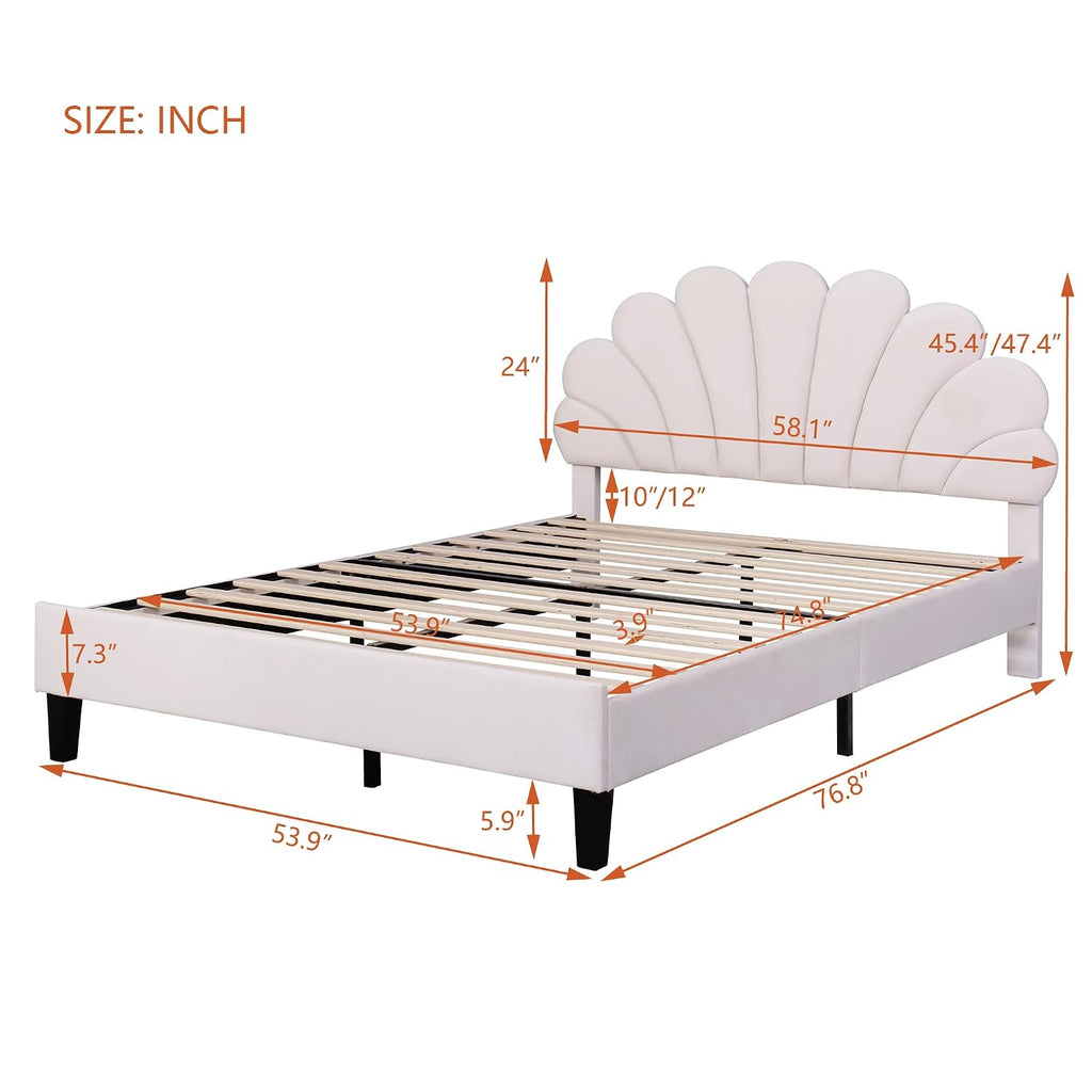 Full Size Velvet Upholstered Platform Bed with Flower Pattern Headboard,Bed Frame W/Wood Slat Support,for Bedroom,Apartment,Guest Room,Beige