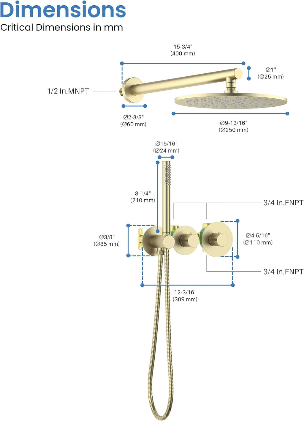 KIBI Circular Thermostatic Shower System with Valve, 2-Function Wall Mounted Bathroom Shower Faucet Set – Solid Brass Shower System with Temperature Control, Brushed Gold (KSF410)