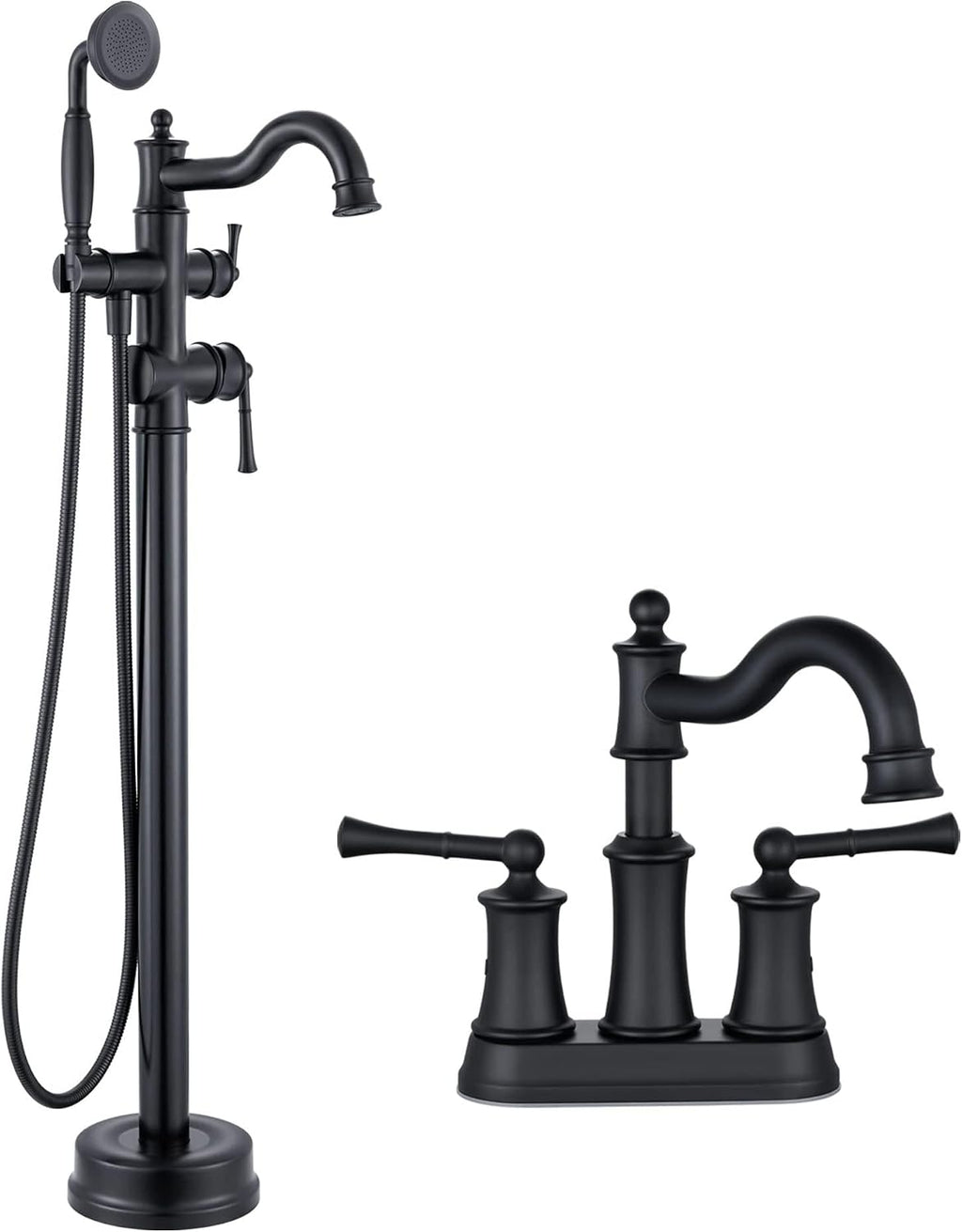 Roman Bathroom Faucet Set, Centerset Sink Faucet 2 Hole with Pop Up Drain, Free Standing Tub Faucet Filler with High Pressure Handheld Shower, Matte Black