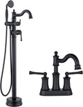 Roman Bathroom Faucet Set, Centerset Sink Faucet 2 Hole with Pop Up Drain, Free Standing Tub Faucet Filler with High Pressure Handheld Shower, Matte Black