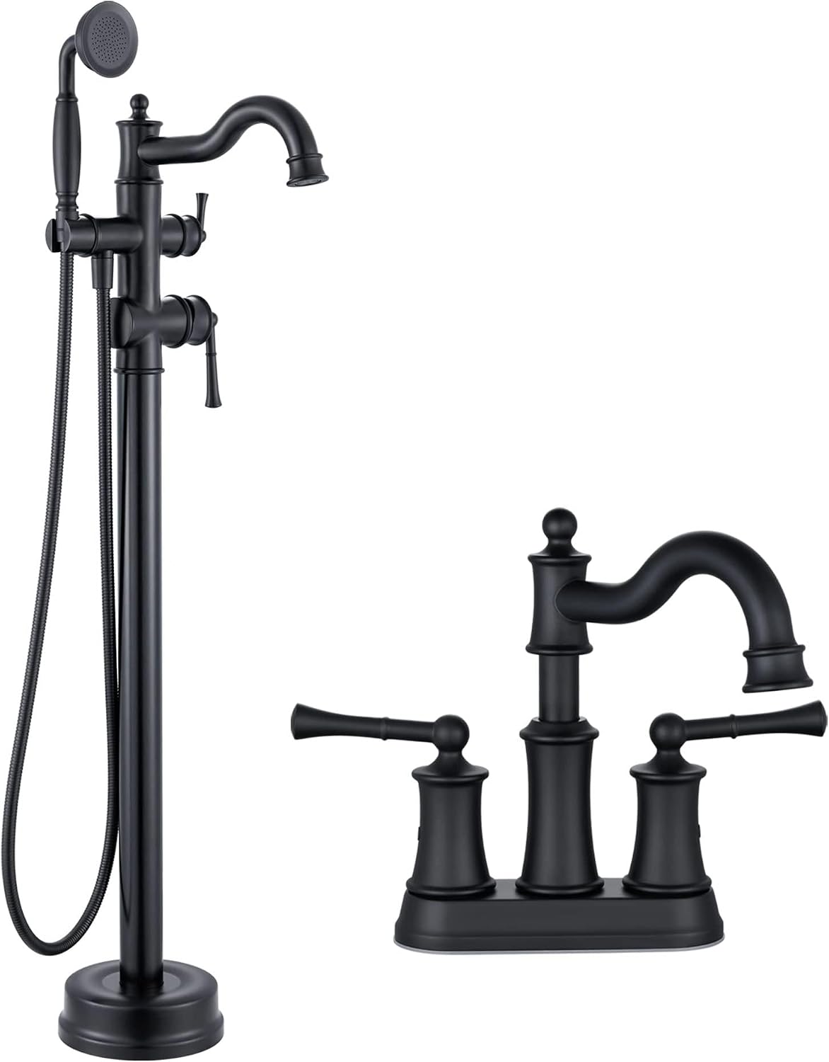 Roman Bathroom Faucet Set, Centerset Sink Faucet 2 Hole with Pop Up Drain, Free Standing Tub Faucet Filler with High Pressure Handheld Shower, Matte Black