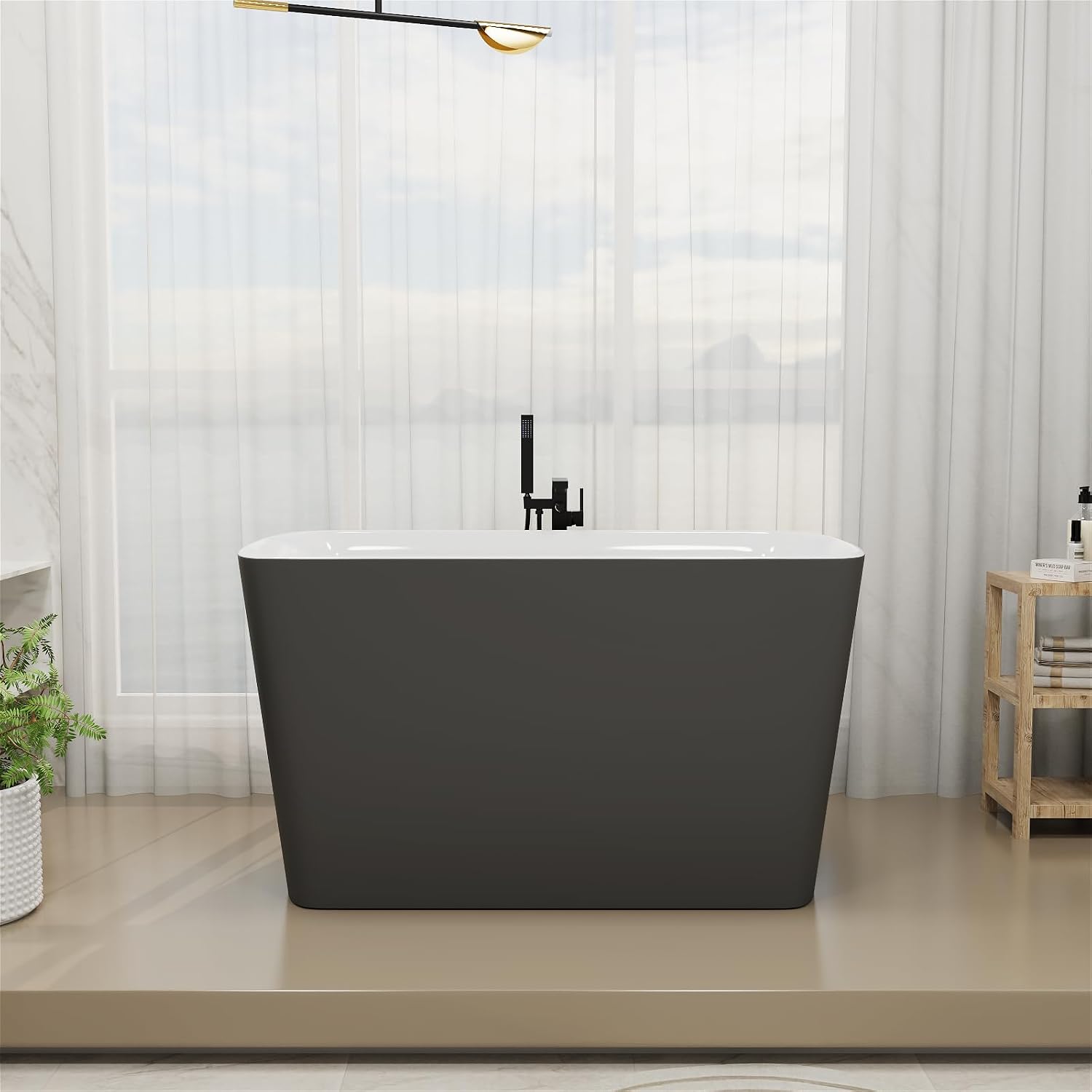 47' Lucite Acrylic Freestanding Bathtub，Square Shape Janpanese Soaking Tub with Seat Desgin,Toe-tap Chrome Right Drain, Slotted Overflow, cUPC Certified, 37° Gray