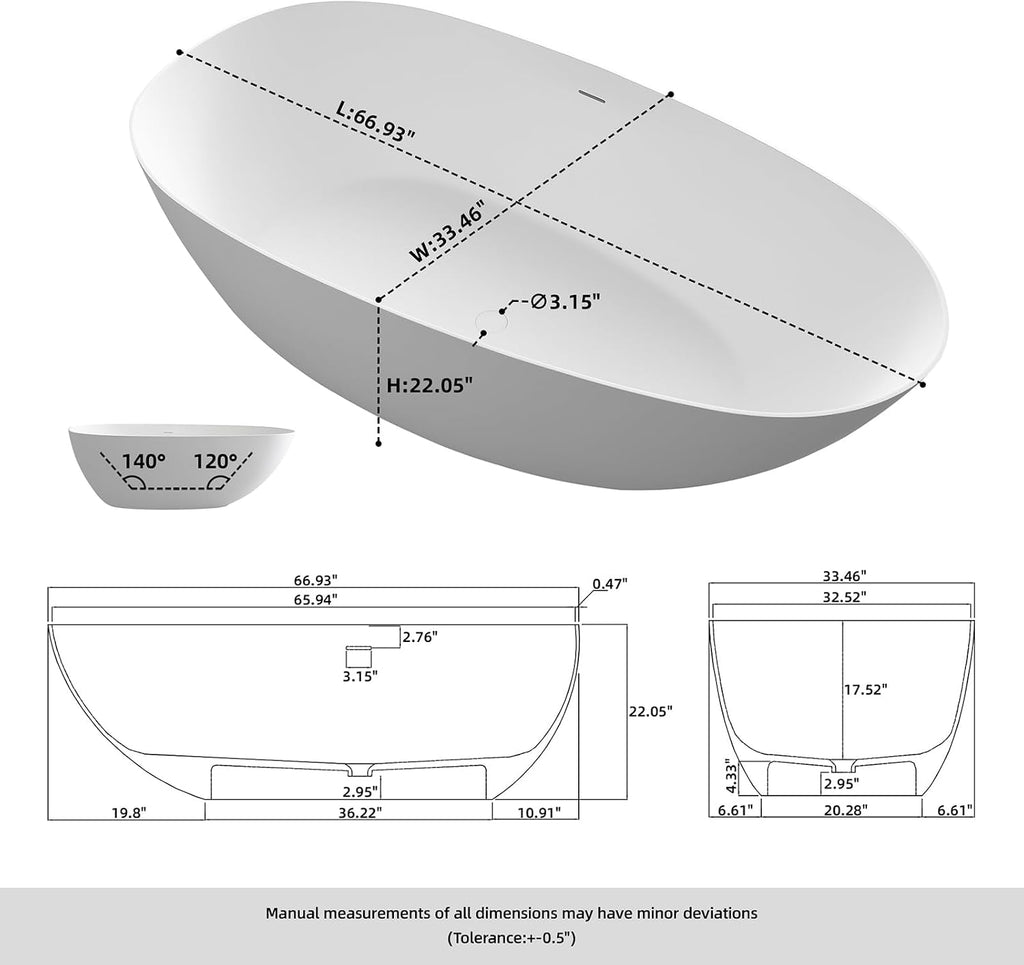 67' Stone Resin Freestanding Bathtub, Oval Solid Surface Bathroom Freestanding Tub, Thin Edge Stand Alone Tub with Integrated Slotted Overflow and Pop-up Drain, Matte White 302-170