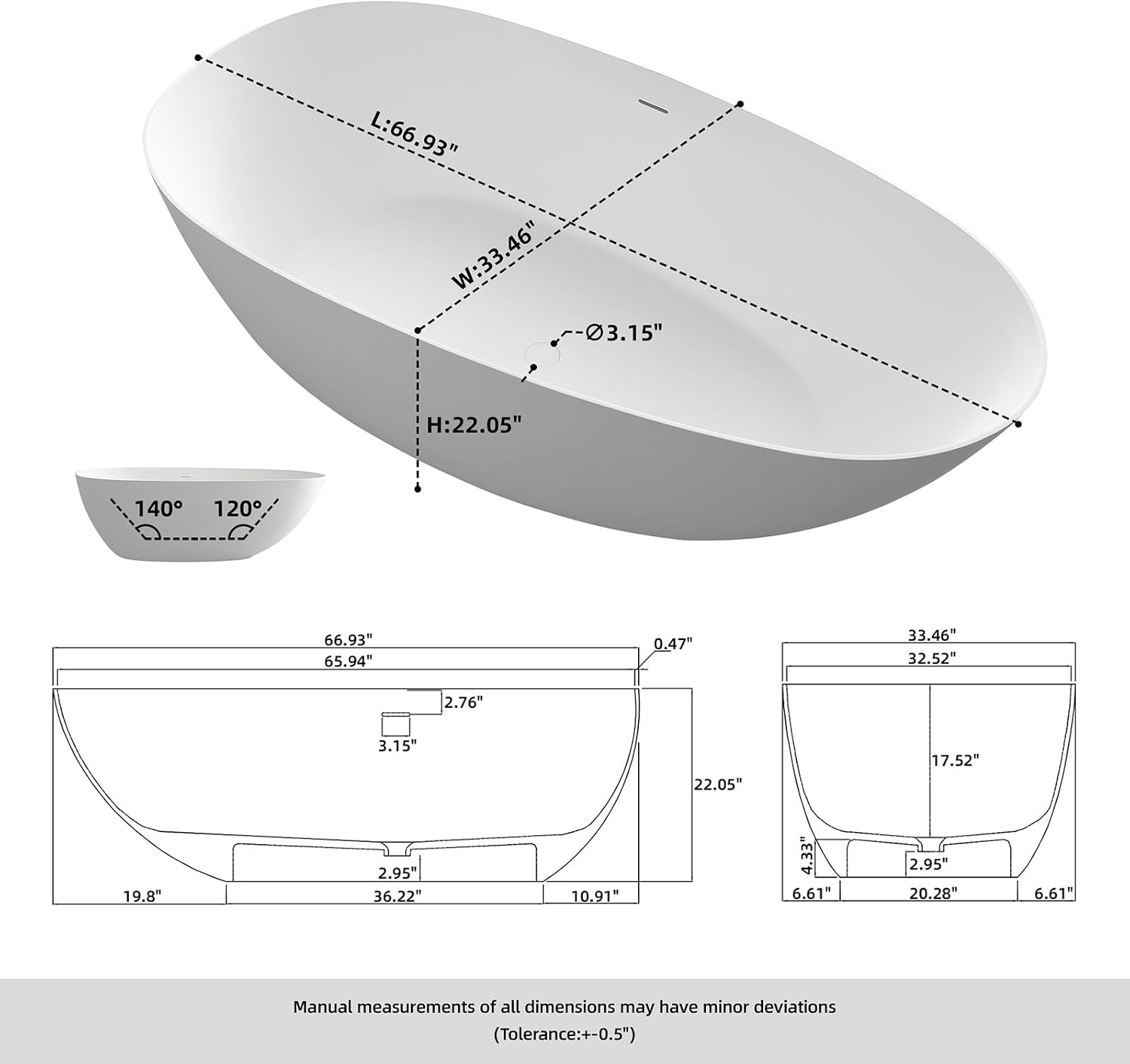 67' Stone Resin Freestanding Bathtub, Oval Solid Surface Bathroom Freestanding Tub, Thin Edge Stand Alone Tub with Integrated Slotted Overflow and Pop-up Drain, Matte White 302-170