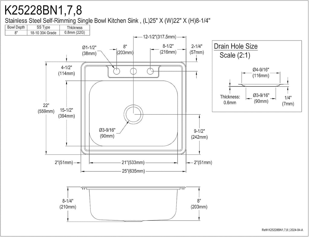 Kingston Brass Carefree K25228BN7 25' Stainless Steel Self-Rimming Single Bowl Drop-In Kitchen Sink with 3-Hole Drain and Strainer, Stainless Steel/Brushed Brass