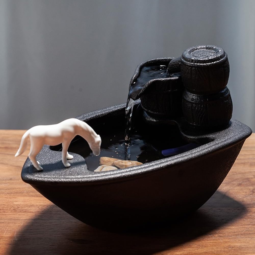 GRFIT Indoor Fountain White Horse Desktop Drinking Water Fountain, Recycled Resin, Small Fountain for Home Decoration, Tranquility Tabletop Fountain